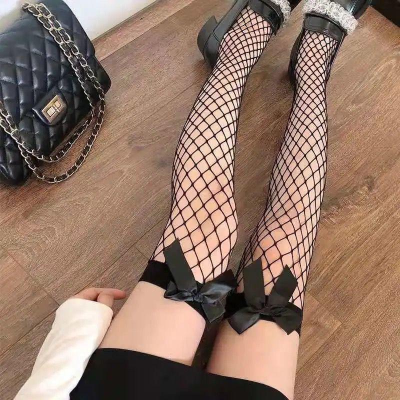 Lace Fishnet Camisole Stockings: Thigh-High Small Mesh Socks for Women