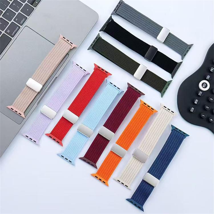 Single Color Magnetic Snap Four Strand Elastic Nylon Watch Band For Apple Watch 38/40/41/42/44/45/46/49mm, Adjustable Breathable Strap
