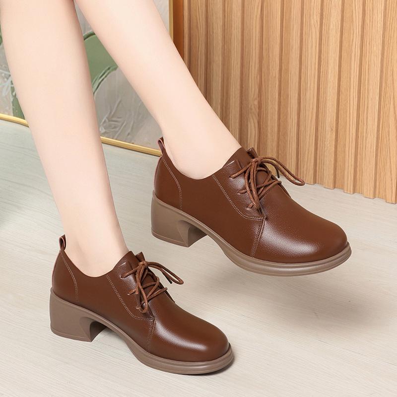 Soft leather soft sole, spring and autumn deep mouth lace-up single shoes work shoes women's black women's leather shoes