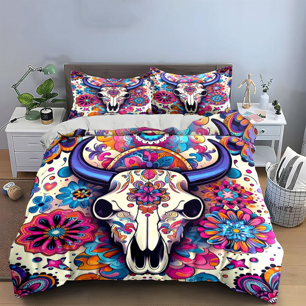Colorful Bull Skull Design. Bedding Sets Duvet Cover Sets Duvet Covers Pillowcases(1 * Duvet Cover 2 * Pillowcases Without Duvet Insert)