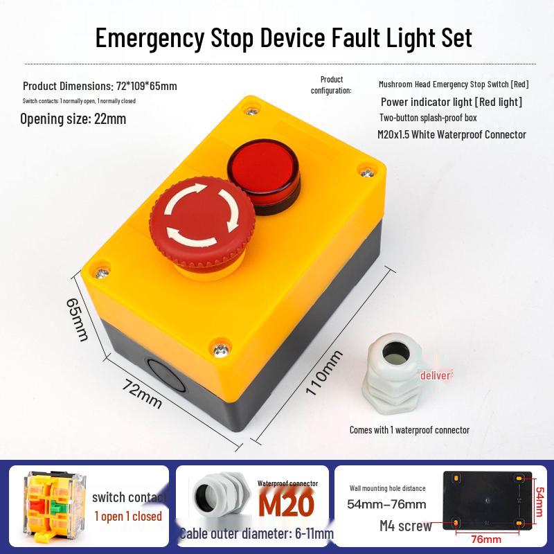 22mm Waterproof 220V Button Switch Combo: Start/Stop/Emergency Stop/Power Indicator Light