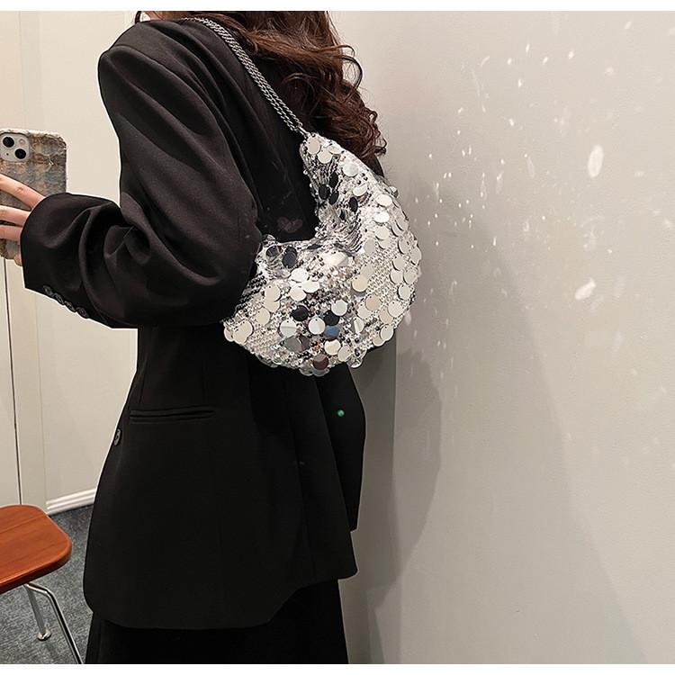 Trendy Korean Style Sparkly Chain Underarm Dumpling Bag Women's Bag 2023 New Winter Shoulder Crossbody Bag
