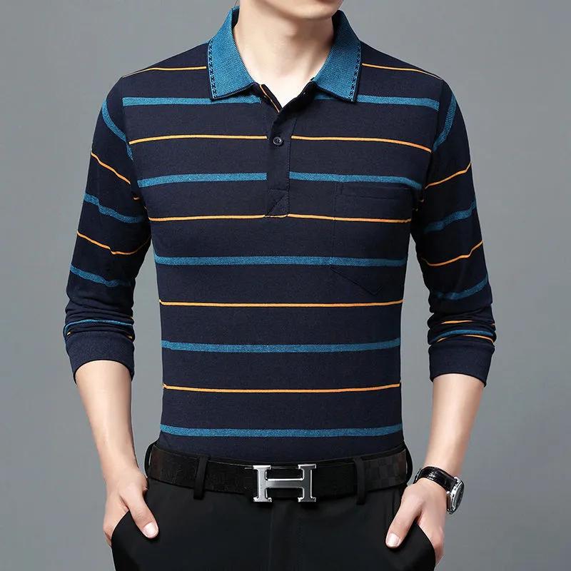 Moda Hombre Nuevo Negocios Camisas Polo Rayadas Coreano Primavera Otoño Casual Manga Larga Solapa Bolsillos Ropa Masculina Algodón Tops 2025