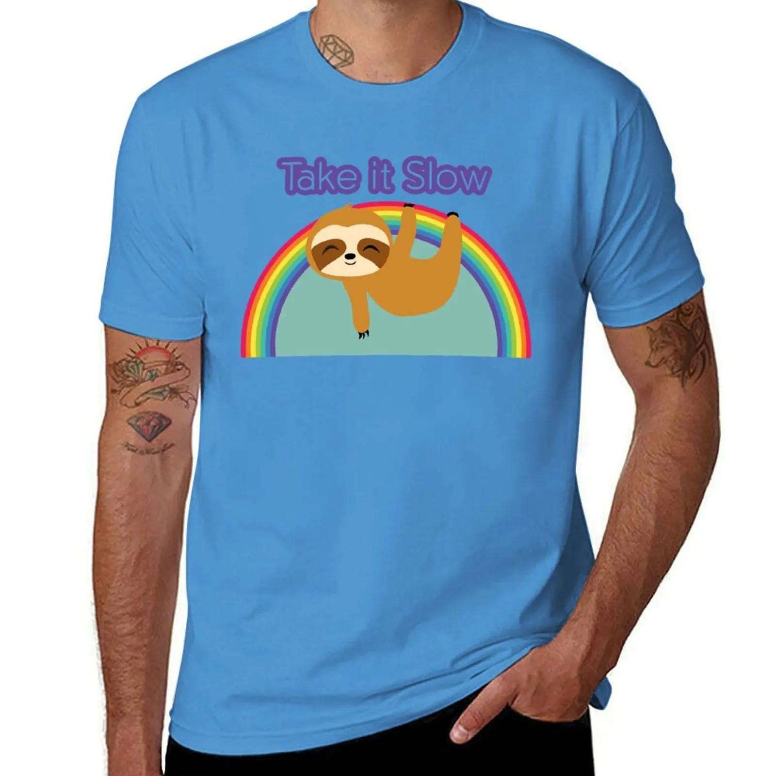 Sloth on Rainbow Cute Sloth Hangign on Rainbow Take it Slow TShirt oversizeds graphic shirts blacks compression shirt men S