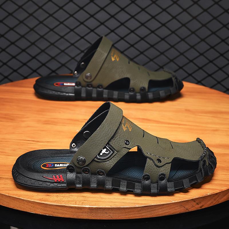 

2025 Summer Leather Cowhide Sandals Men s Plus-size Sewing Casual Sandals Fashion Everything Outdoor Beach Holiday Flip-flops 45 зелений
