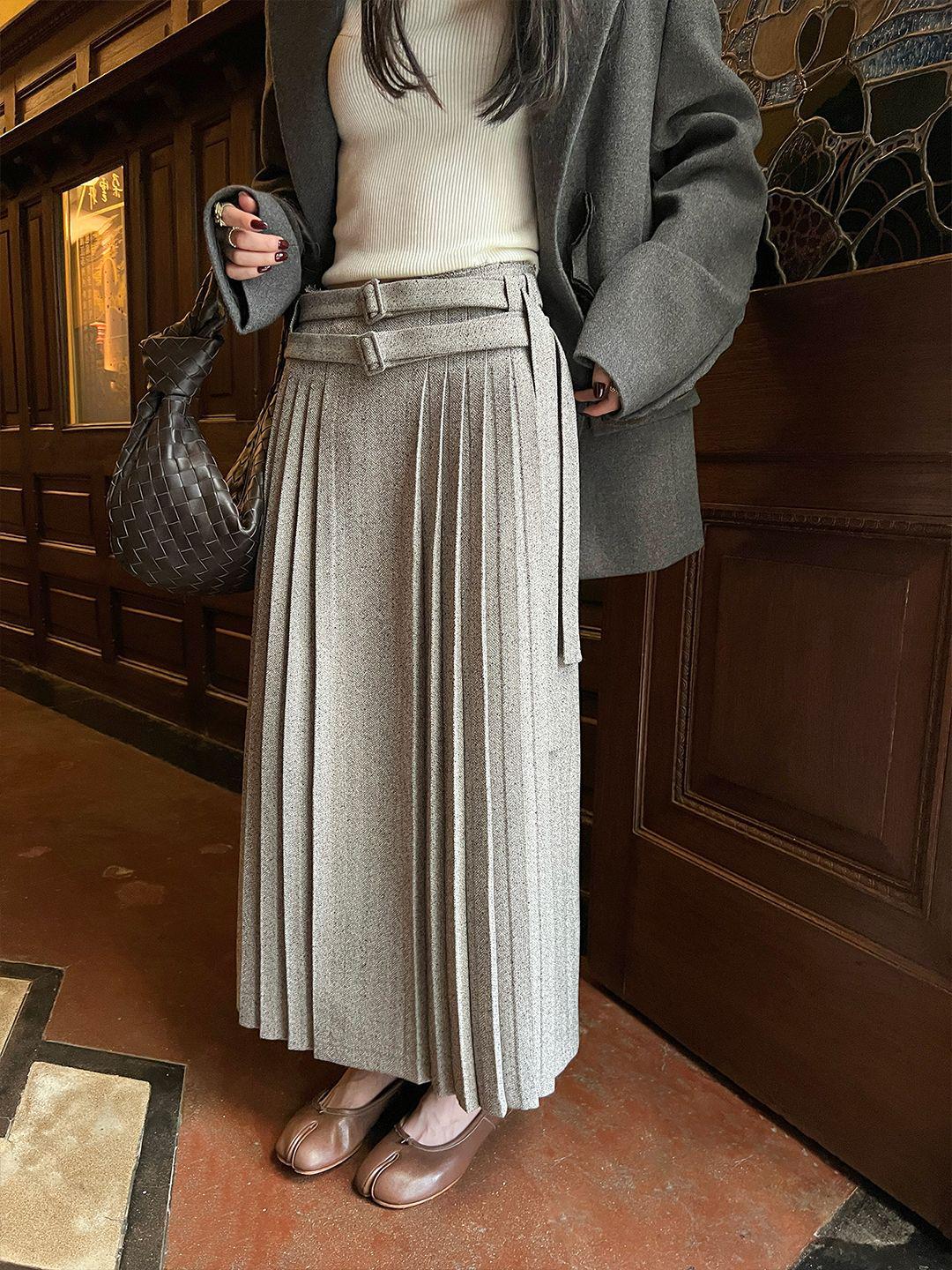 

Ouyang Iron Tower Sunset Herringbone Retro Suit Lace-up Long Pleated Skirt for Women M хизер серый