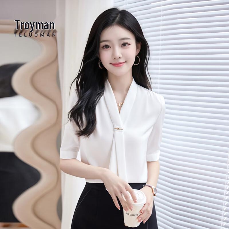 Women s White Short Sleeve Chiffon Tie-Neck Blouse XL