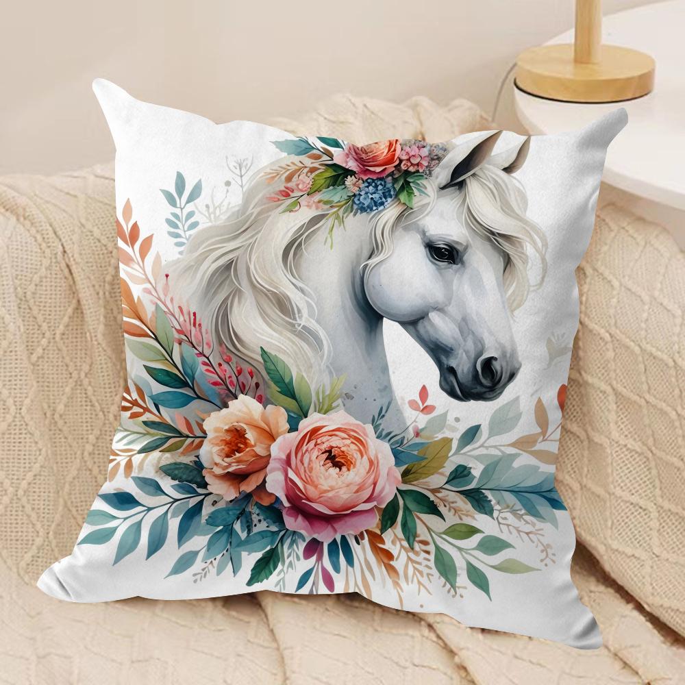 Watercolor Horse  Floral Cushion Cover Soft Plush Fabric DoubleSided Printed Cushion Covers for All Seasons Modern Home Decor