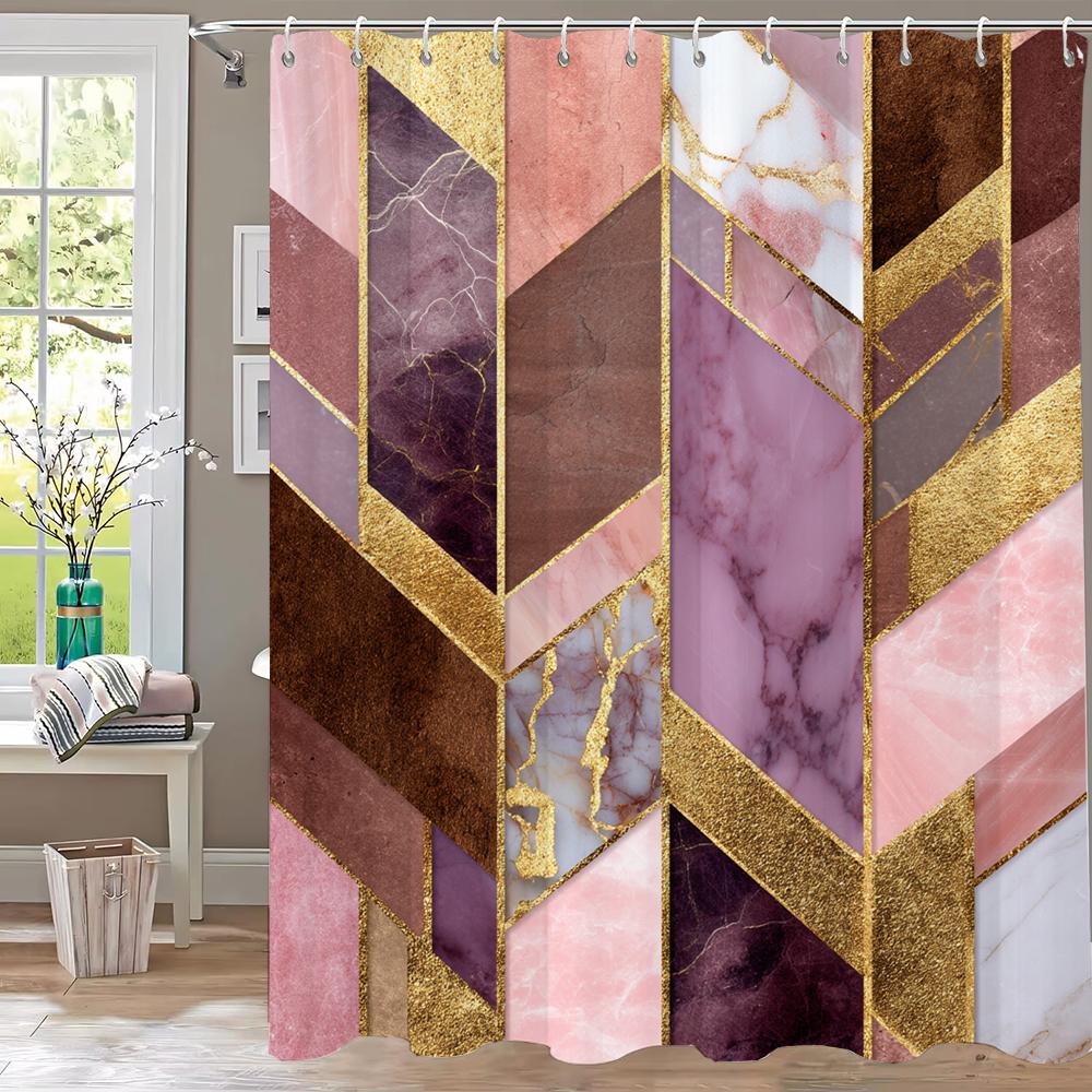 1Pc Black And Gold Geometric Print Shower Curtain Partition Privacy Hanging Curtain With 12 Hooks Multiple Size Machine Washable