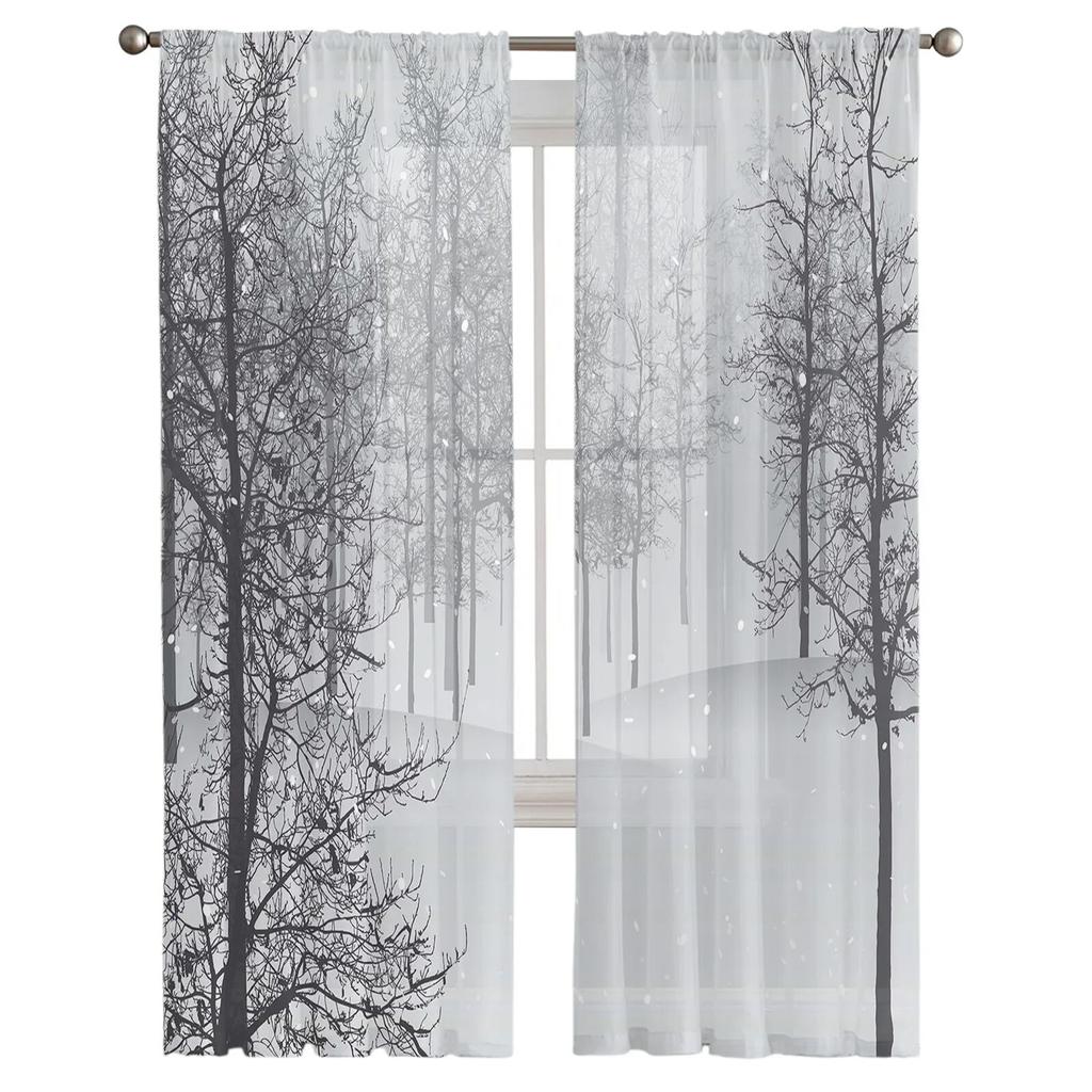 Winter Forest Tree Snowflake Semi Curtains Living Room Snowy Landscape Print Tulle Curtain Drapes Window Treatments Sheer Polyester Great Treatment