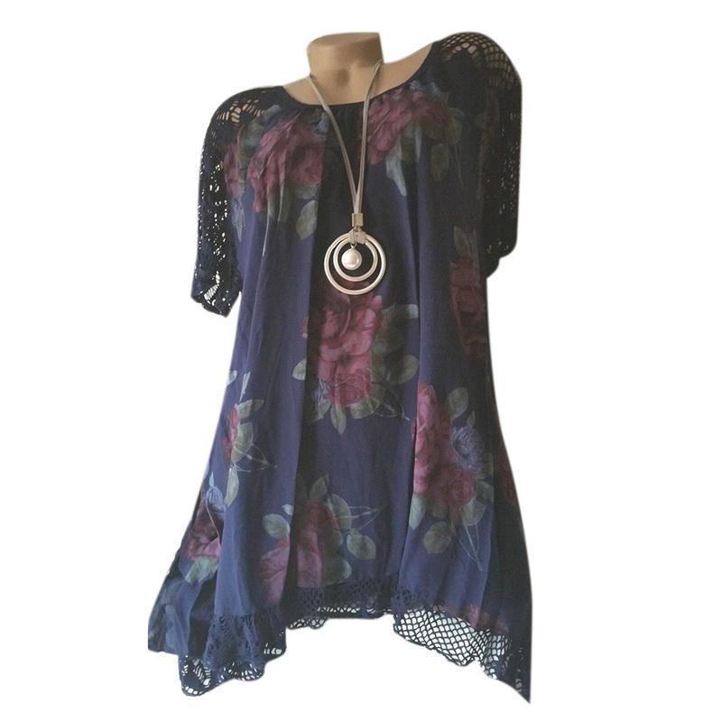 Women's Fashion Oversize Lace Patchwork Blouse With Elegant Floral Print Short Sleeve