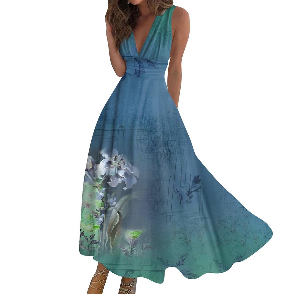Women's Long Dress Maxi Dress Casual Dress Summer Casual Sleeveless V Neck Boho Waist Retro Printed Dress