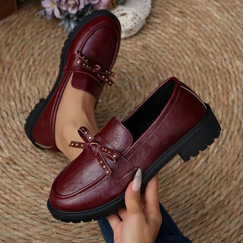 Fashion Loafer Women's Autumn New Round Toe Deep Mouth Rivet Bow Platform Non-Slip Wear-Resistant Medium Heel Single Shoes