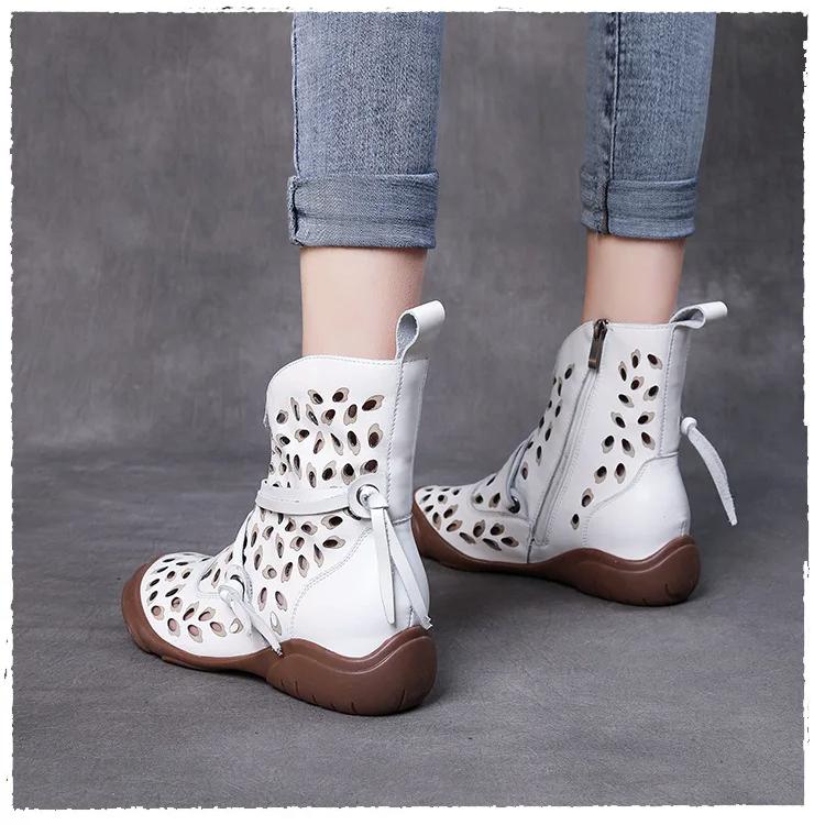 Johnature Ethnic Style Summer Boots Retro Genuine Leather Hollow-out Soft Sole Breathable Women's Shoes