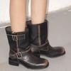 Sheepskin version~ retro polished leather thick-soled medium boots women's wide tube thick heel Martin boots knight short boots western boots
