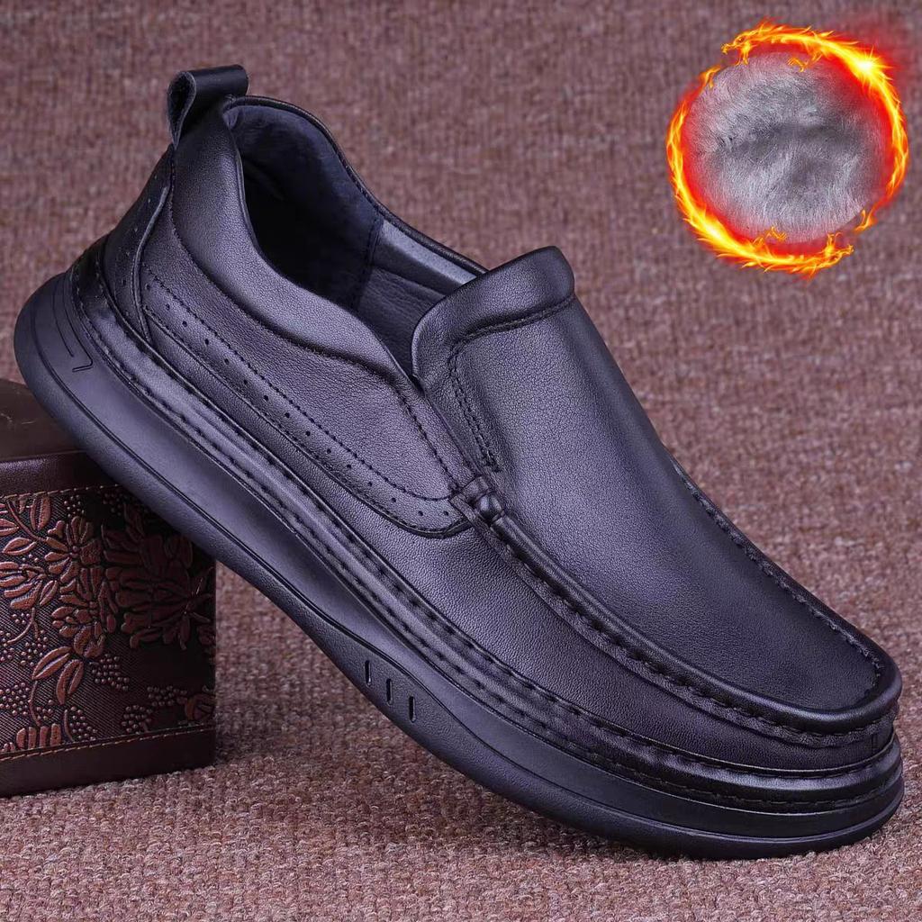 Autumn breathable cowhide casual men's leather shoes genuine leather winter velvet solid soft-soled casual leather shoes