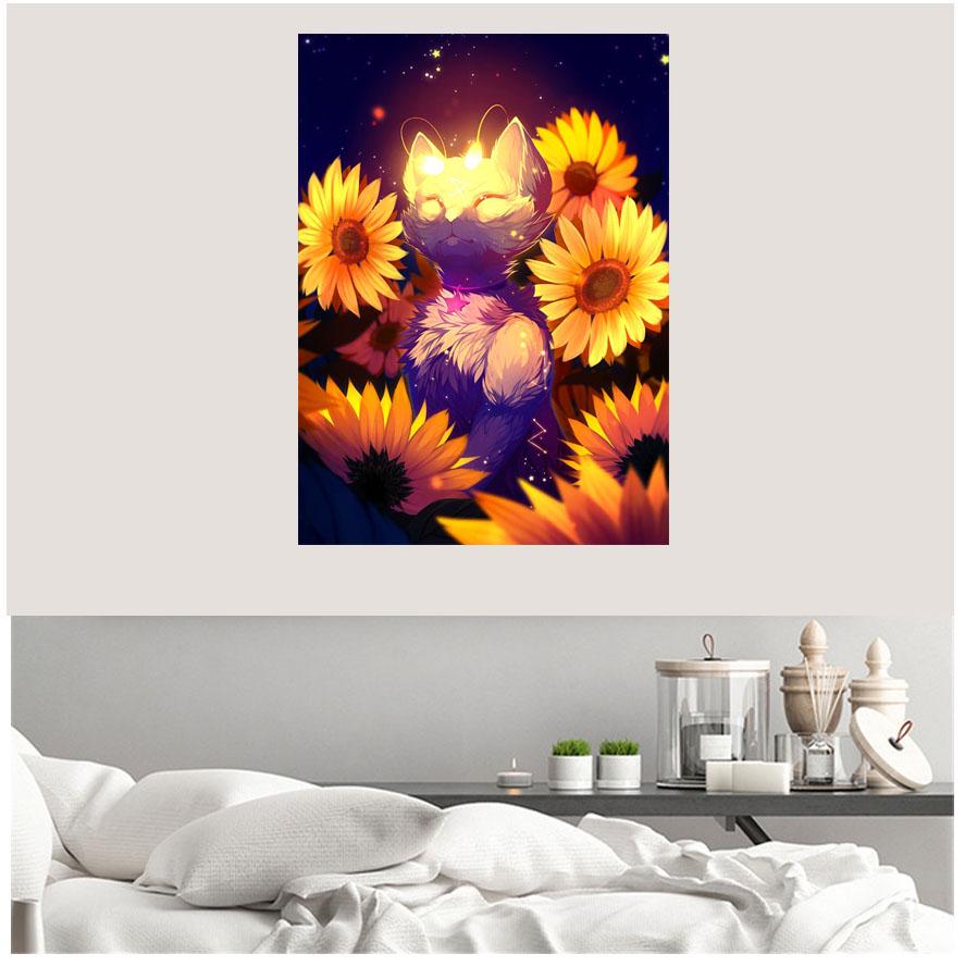Quadratisch / Rund Diamant 5D DIY Diamantmalerei "Sonnenblumen Katze" Handgefertigt 3D Stickset Kreuzstich Mosaik Dekoration Geschenk