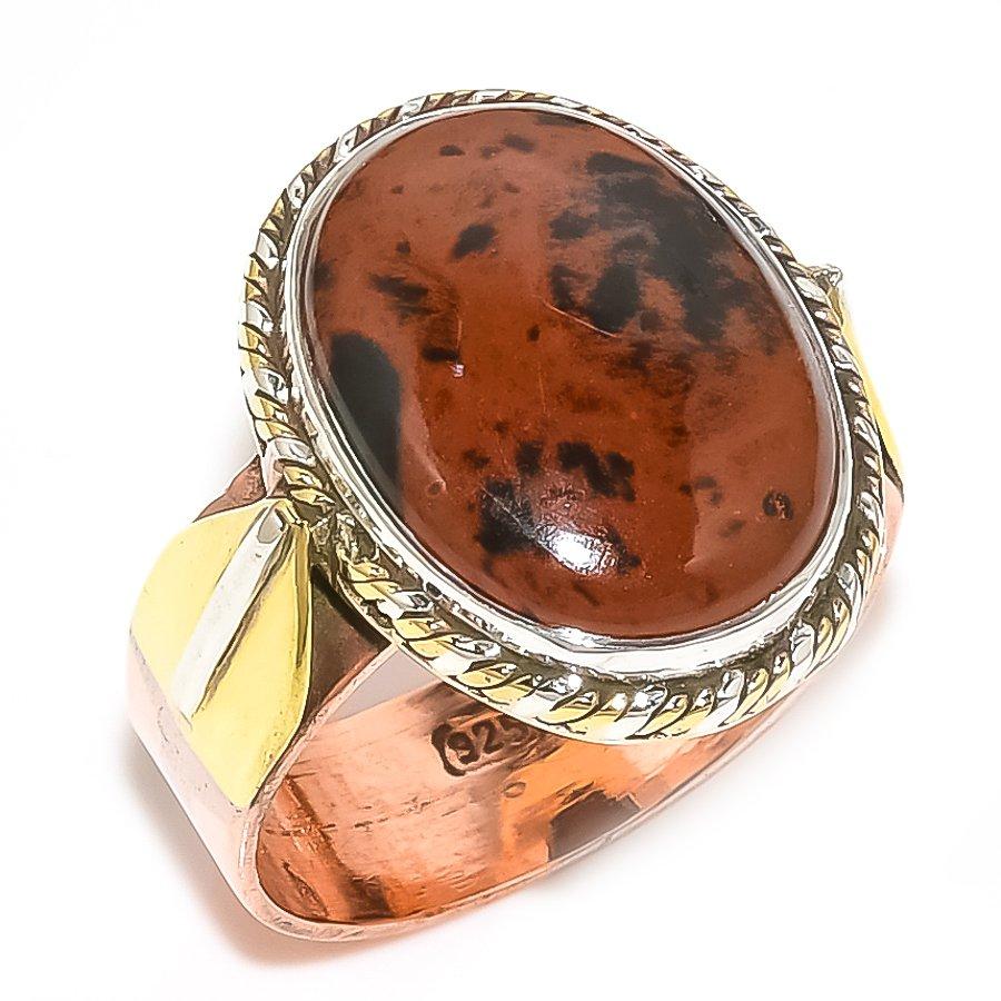 

Natural Mahogany Obsidian Two Tone 925 Sterling Silver Jewelry Ring S.9.5 j0a73