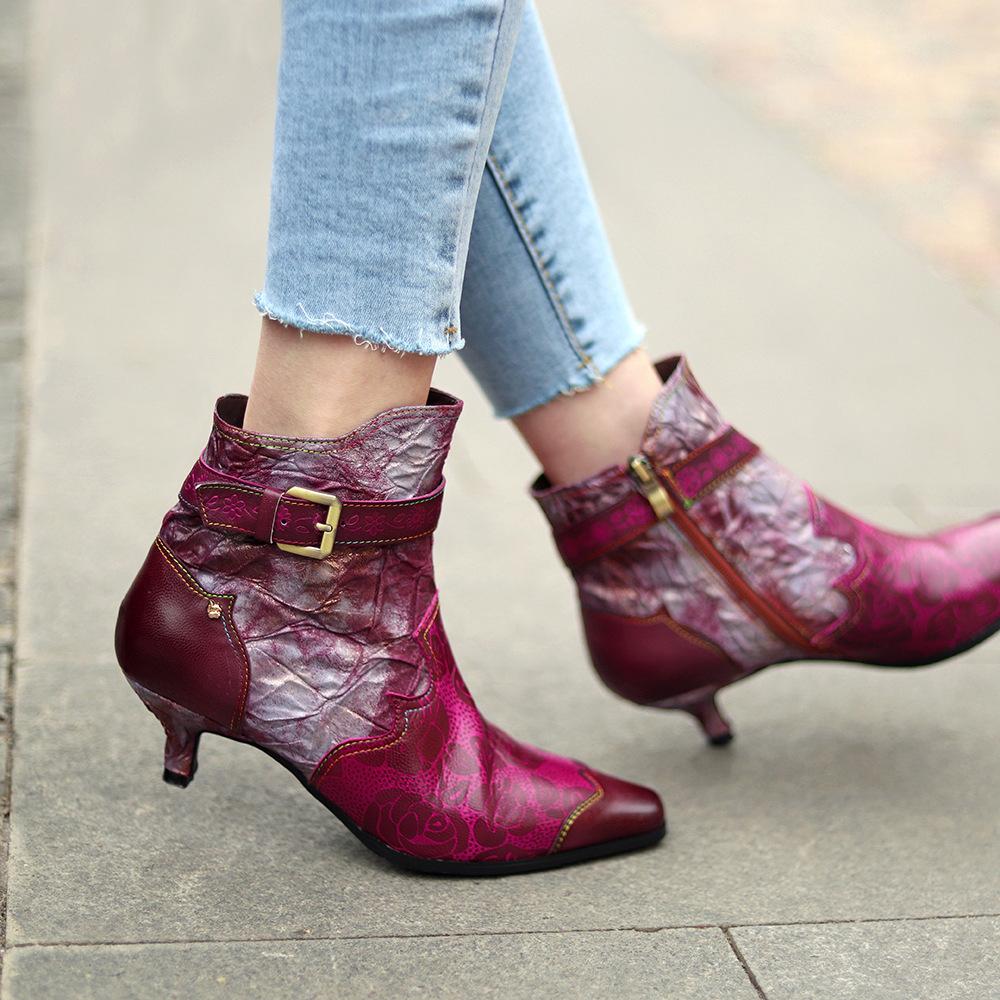 Damenschuhe Sandalen aus echtem Leder, modische und elegante geprägte handbemalte Retro-High-Heel-Schuhe