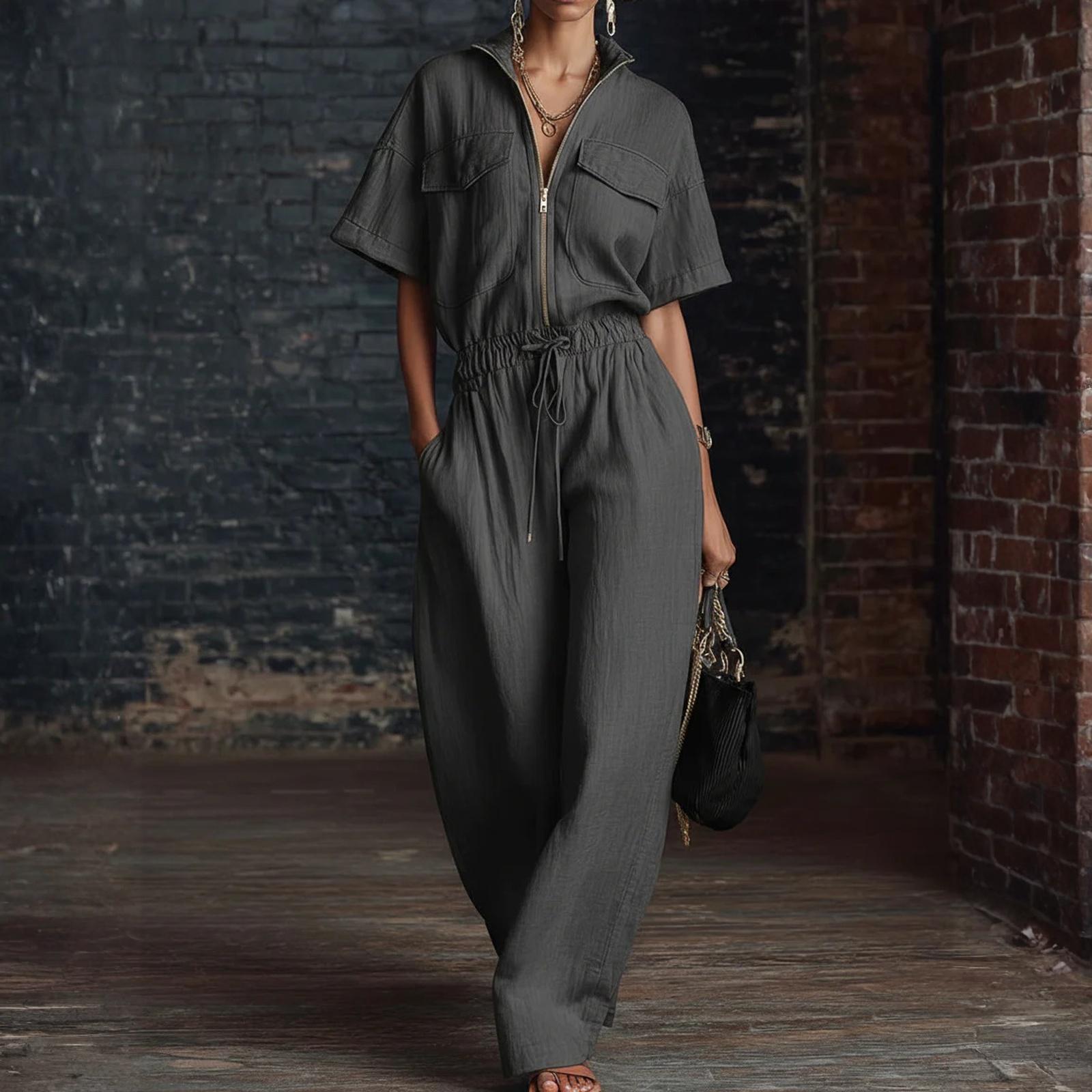 Комбинезоны для женщин Глубокий короткий рукав Комбинезон Свободный крой Рабочие комбинезоны Элегантный Повседневный Летние комбинезоны L