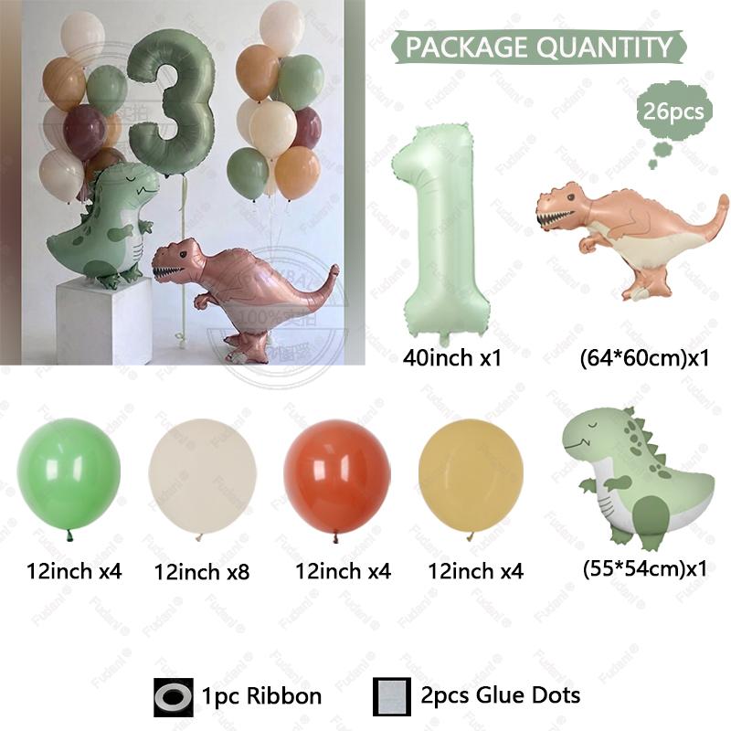 26pcs Tyrannosaurus Rex Cute Dinosaur Balloon Olive Green Number 1-9 Balloon Set Jurassic Theme Birthday Party Decoration