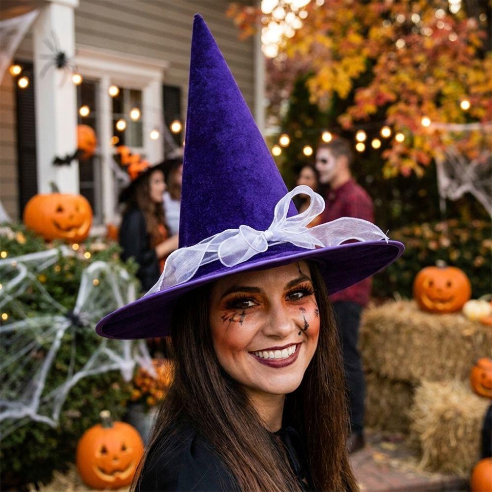 with Lace Velvet Dark Witch Hat Wide Brim Pointed Mage Hat Halloween Decor Hat Masquerades