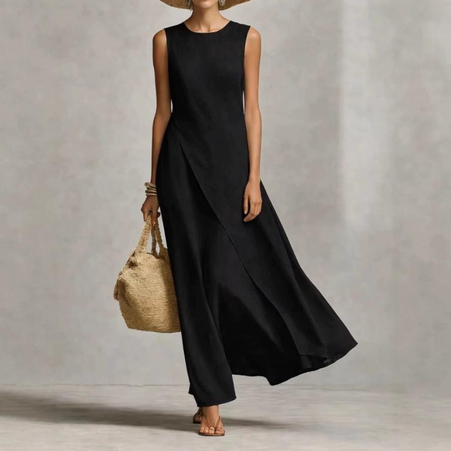 YYFS Women's Fashion Summer Spring Solid Color Print Sleeveless O-Neck Loose Waistline Casual Dresses