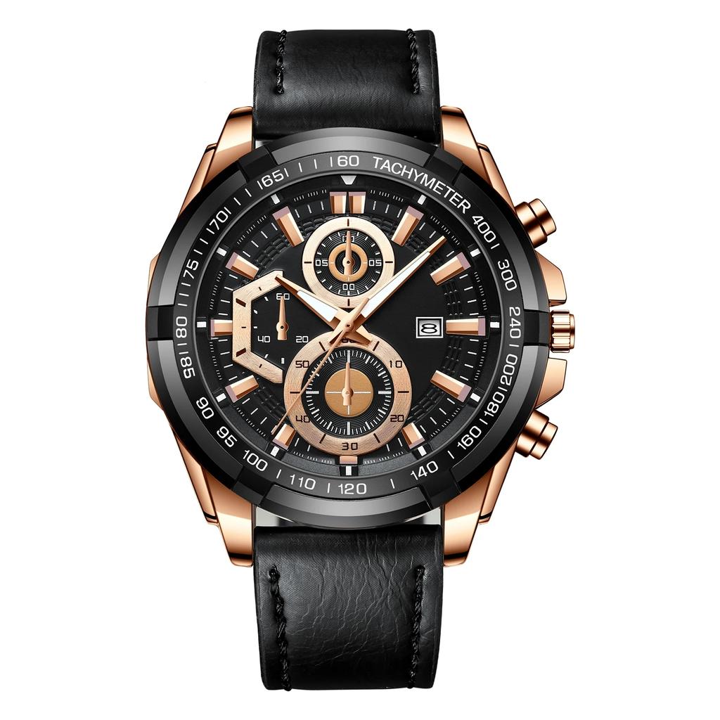 Quartz Machine Core Men Watch Waterproof Luminous Pointer Calendar Casual Leather Strap Wristwatch