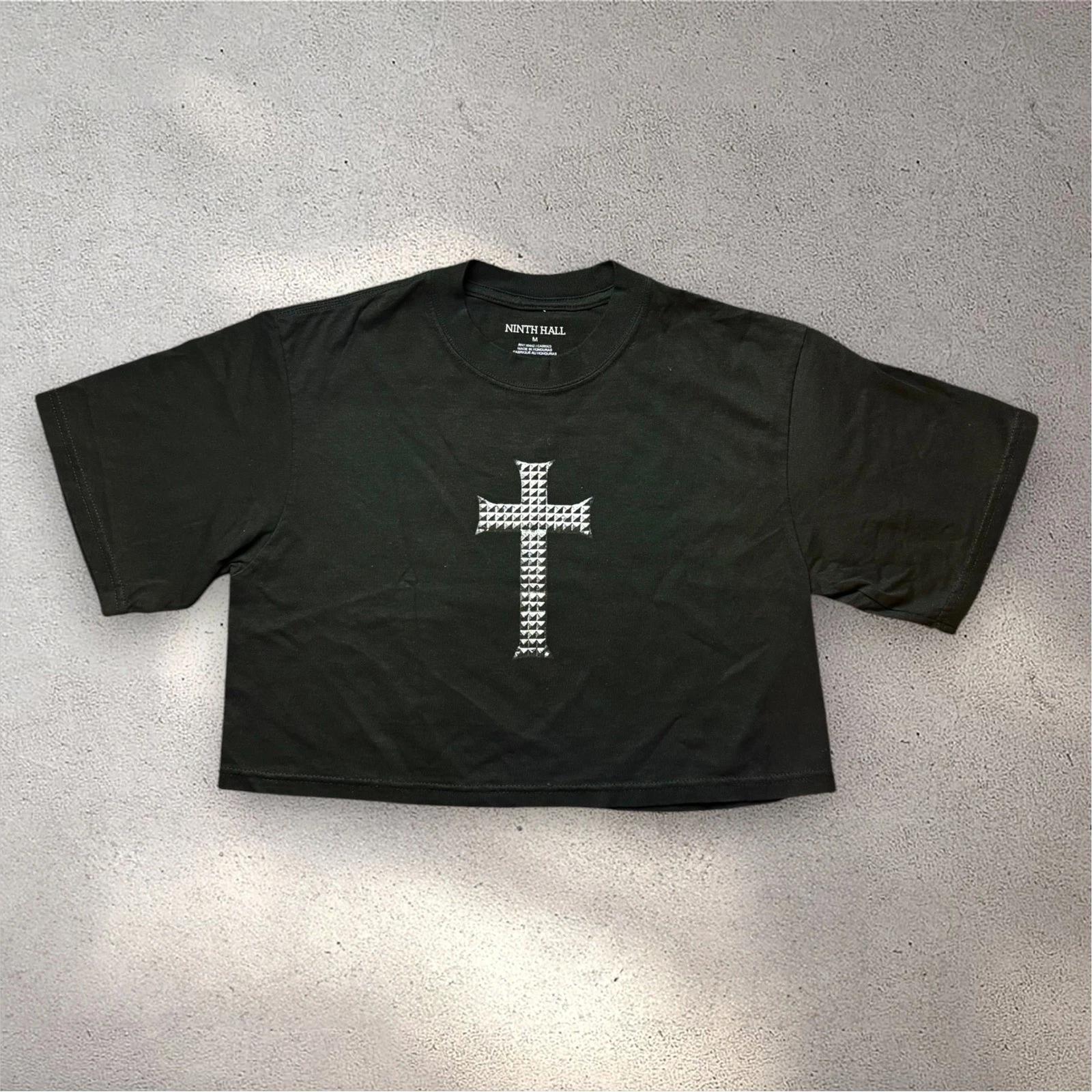 Ninth Hall Womens Black Studded Cross Graphic Cropped T- Shirt Size M Streetwear 2XL