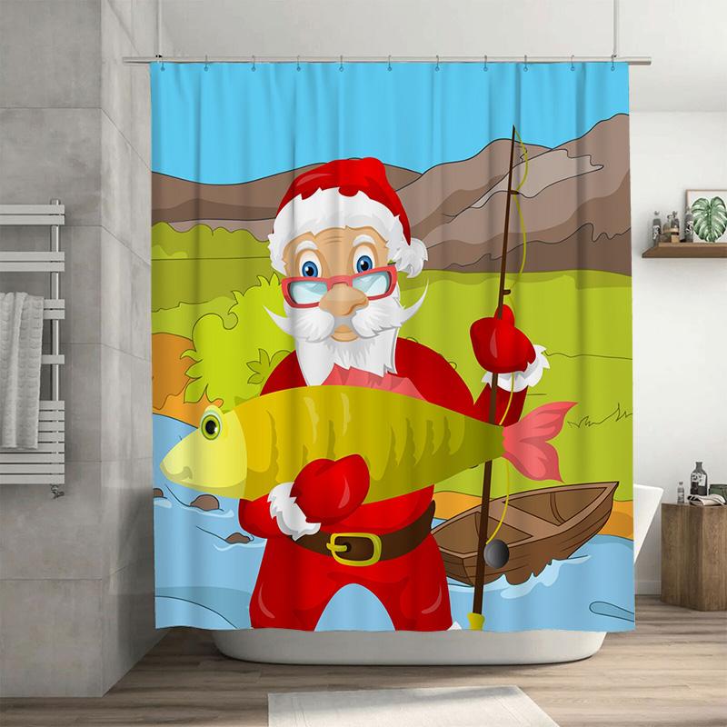 TU Christmas Fisherman Santa Claus Shower Curtain Festive Holiday Bathroom Decor Waterproof Backdrop for Home 90x180cm35x71in