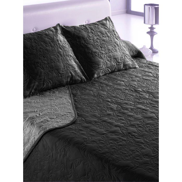 Couvre-lit bouti - CASA - 245x260 cm - Gris foncé - Uni - Coton - 2 coussins 50x50 cm - 102 fils