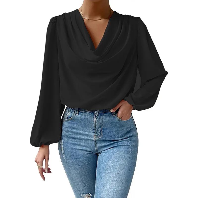 Chiffon Long-Sleeved T-Shirt Loose Draped V-Neck Top Pull On Tees for Women