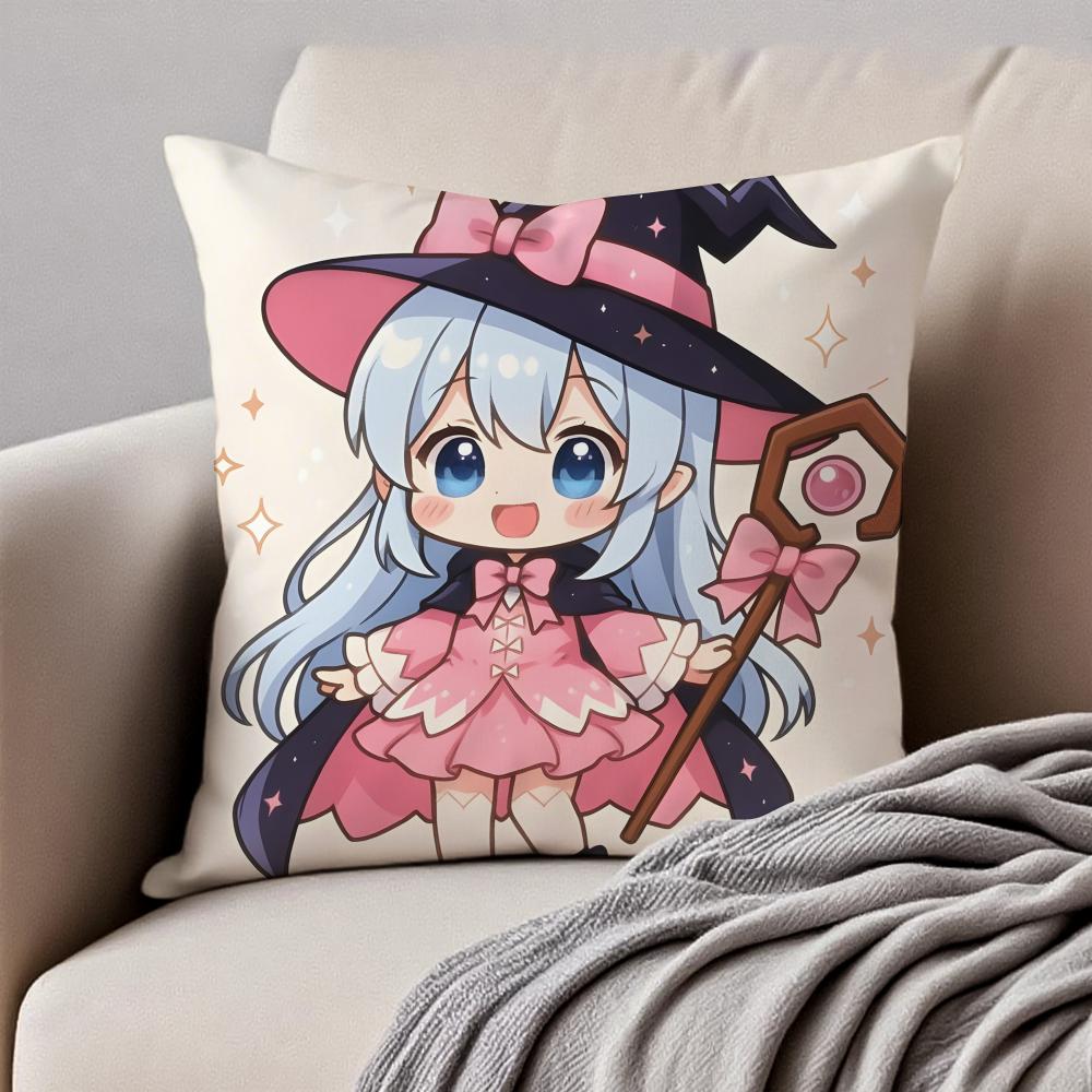 A Cute Cartoon Witch Childlike Art Cushion Cover Pillowcase Antidustmite Invisible Zipper Short Plush Sofa Cushion