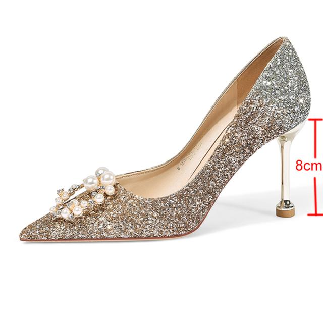 Rimocy Fashion Glitter Thin Heels Pumps Women Slip -On Elegant Pearl Buckle Wedding Shoes Woman Pointed Toe High Heel Party Shoes