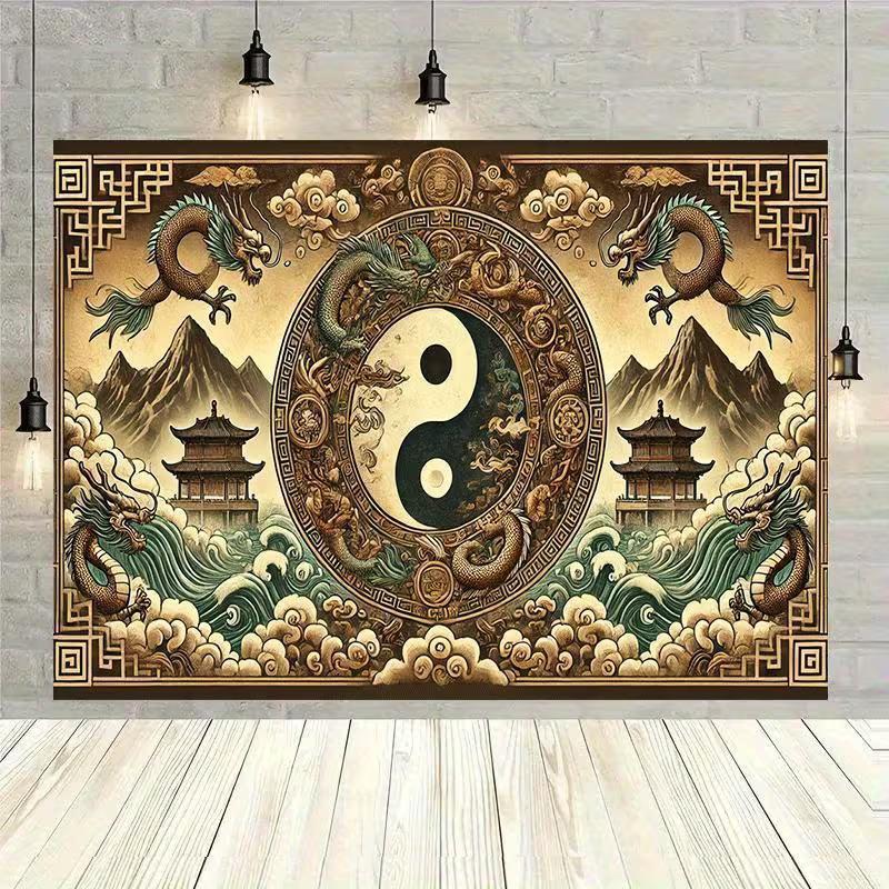 2D Traditional Yin Yang Dragon Backdrop for Studio Photoshoot