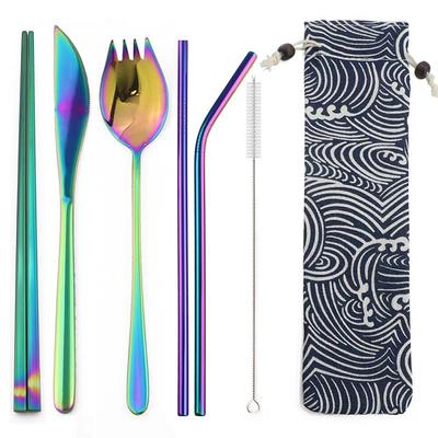 6 teile/satz Wiederverwendbare Spiegel Regenbogen 304 Edelstahl Metall Stroh Tragbare Gabel Essstäbchen Set für Reise Outdoor Geschirr mit Tasche