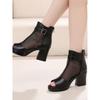 Spring and summer catwalk mesh yarn first layer cowhide women's shoes thick heel middle heel fish mouth versatile comfortable cool leather s