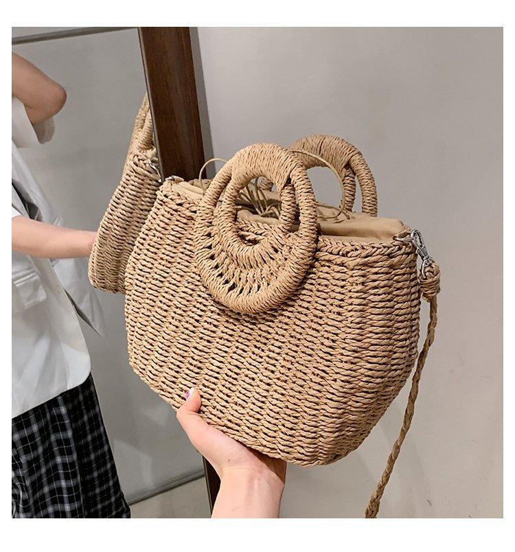 2025 New Round Bucket Straw Bag Diagonal Span Beach Bag Handbag Vegetable Basket Woven Bag Fashionable Pastoral Women's Bag