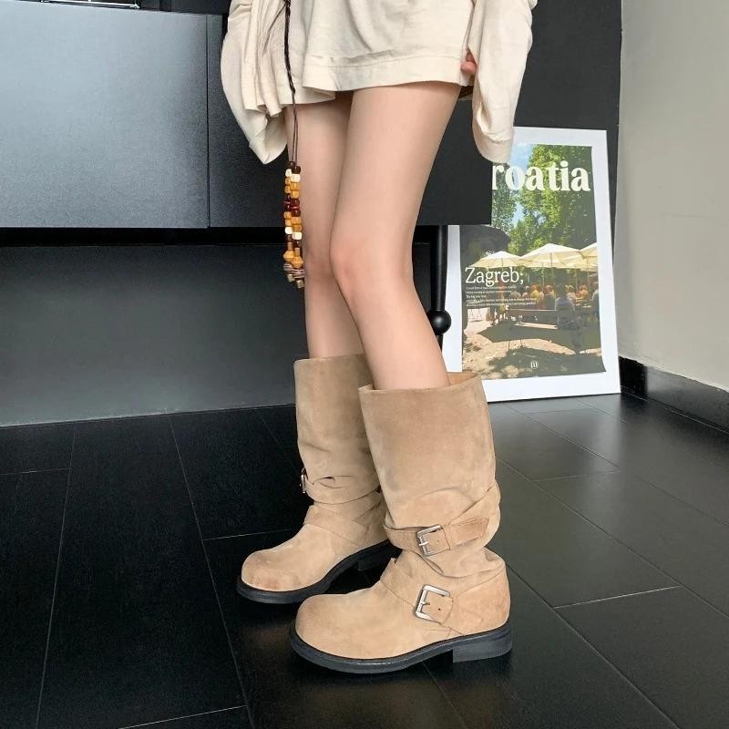 Autumn Winter Thick Heels Women Western Cowboy Boots Fashion Belt Buckle Shoes Female Pleated Long Booties Zapatos De Mujer