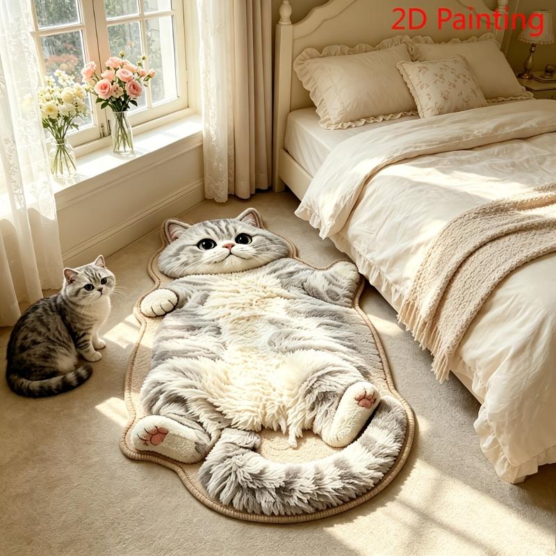 Chubby Lying Tabby Cat Shaped Long Rug 2D Furry Effect Print Non Slip Soft Bedroom Bedside Absorbent Floor Carpet Home