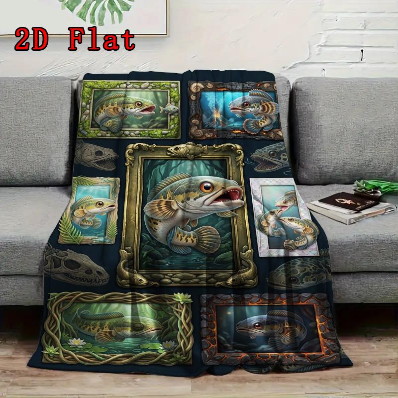 Prehistoric Fish Collage 2D Flat Pattern Flannel Blanket, High Quality All Seasons, Home Decor, Warmth and Comfort, Perfect for Christmas Gifts.