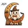 Retro Rustic Tiered Tray Decor Halloween Pumpkin Witch Cat Ghost Figurines with Crescent Base, Spooky Collectible Gift for Enthusiasts Wooden Tabletop