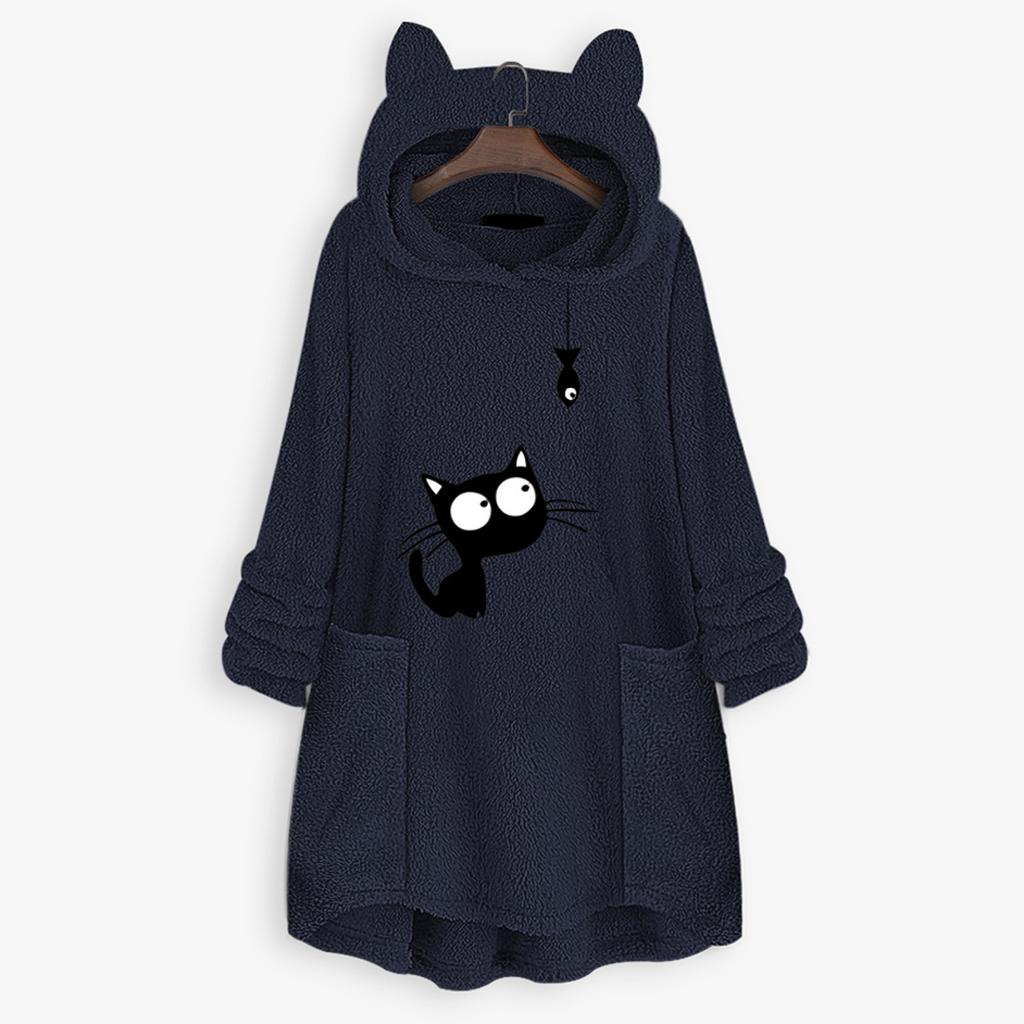 Women Fleece Embroidery Cat Ear Plus Size Hoodie Pocket Top Sweater Blouse