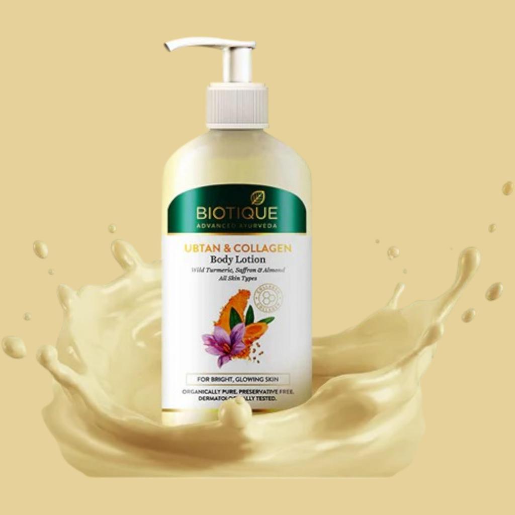 Biotique Ubtan Collagen Body Lotion 300ml | Oil-Free Gel for Smooth Glowing Skin | Turmeric & Saffron | Men & Women