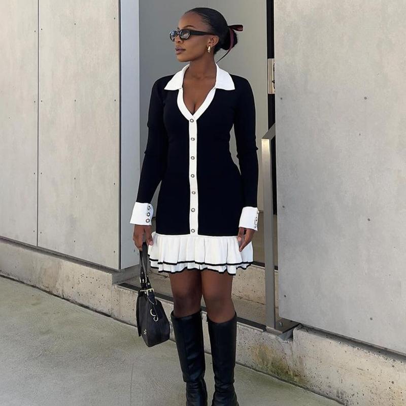 Ruffle Splice Knitwear Dress Women Elegant Bandage Bow Backless Mini Dresses Femme Holiday Long Sleeve Contrast Cardigan Lace Up Vacation Knit Dress