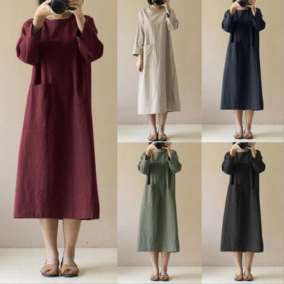 Women's Elegant Solid Color Dress Half-Sleeve O-Neck Vintage Harajuku Cotton Linen Comfortable Loose Pocket Long Dresses