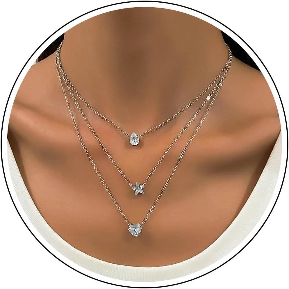 

Многослойное ожерелье для женщин с кристальным сердцем, звездой, подвеской-каплей, многослойная цепочка, ожерелье с сердцем, звездой, каплей для женщин 40cm