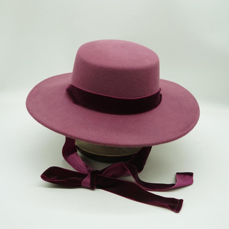 Japanese Korean Version Retro Raspberry Purple Lace-Up Removable Wool Nylon Felt Flat Top Top Hat Women'S Autumn And Winter Wide Brim British