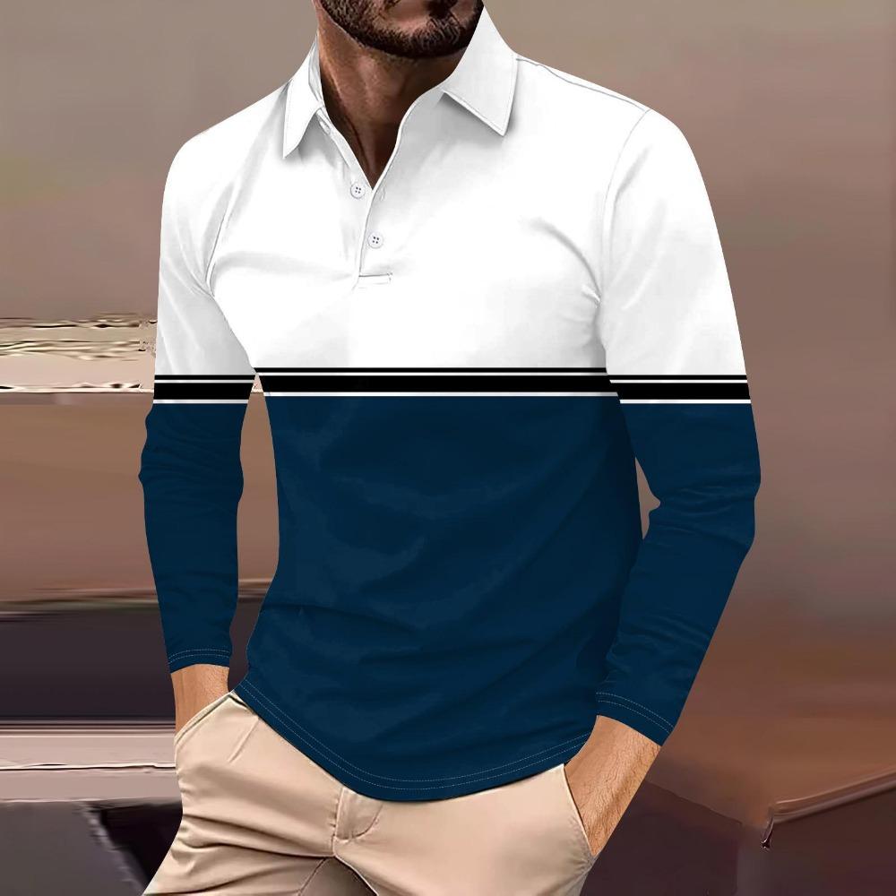 Fashion Men's Sweatshirt Long Sleeve Lapel Top Button Down Striped Polo Shirt
