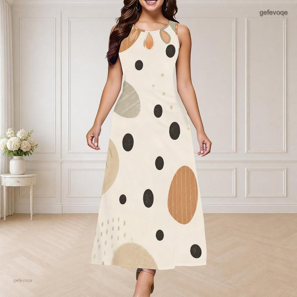 Women Plus Size Round Neck Triple Keyhole Cutout Sleeveless Printed Long Dress